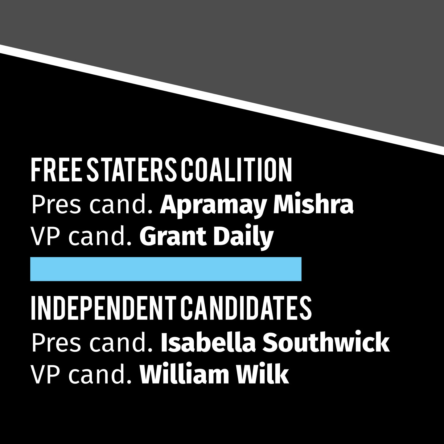 Apramay Mishra and Grant Daily are running with Free Staters. Isabella Southwick and William Wilk are independents